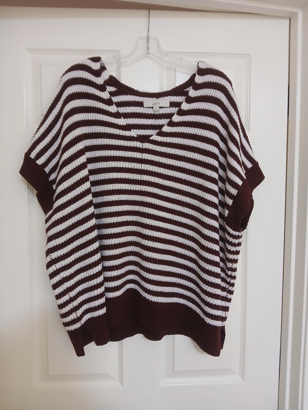 LOFT Maroon and White Striped V-Neck Short Sleeve Sweater